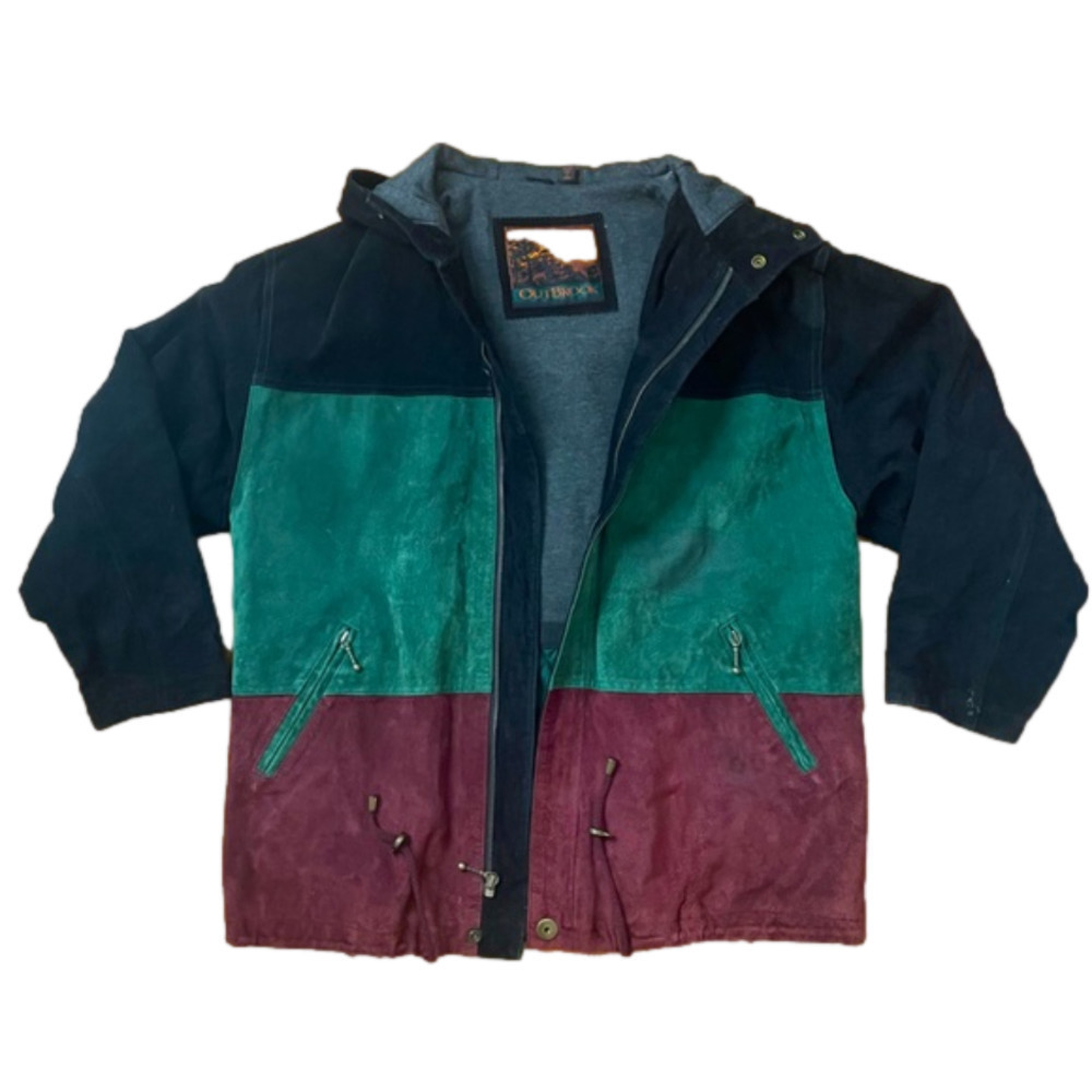 Vintage 100% Leather Suede Genuine Lined Colorblock Coat Jacket Black Green Med